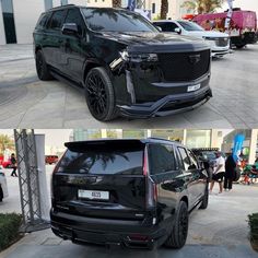 this is an image of the front and side view of a black suv that has been modified