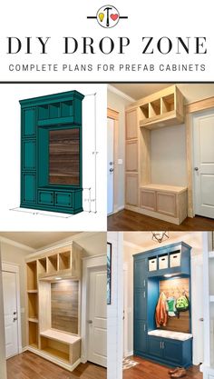 the diy drop zone complete plans for prefab cabinets and shelves are shown