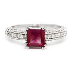 Square Ruby Solitaire Ring with Diamonds 14K White Gold 1.27ctw - Once Upon A Diamond Traditional Engagement Ring, Ruby Solitaire Ring, Ruby Diamond Ring, Right Hand Ring, Ring Square, Traditional Engagement Rings, Ruby Diamond Rings, Right Hand Rings, Step Cut