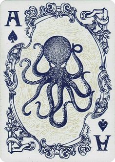 an octopus playing card in blue ink