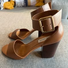 Tried On But Didn’t End Up Ever Wearing! No Flaws Or Signs Of Wear. Brown Open Heel Heels For Work, Brown Open Heel Heels For Workwear, Brown Open Toe Heels For Work, Brown T-strap Sandals With Heel Loop, Brown Synthetic Ankle Strap T-strap Sandals, Brown T-strap Sandals With Block Heel And Buckle, Brown Steve Madden Heels, Brown Synthetic T-strap Sandals, Steve Madden Heels