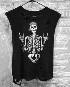 Halloween Punk Stretch Tops, Stretch Sleeveless Top With Skull Print, Sleeveless Stretch Top With Skull Print, Sleeveless Stretch Grunge Top, Stretch Tops For Halloween Concert, Stretch Tops For Concert And Halloween, Black Distressed Crew Neck Tank Top, Black Stretch Tank Top For Halloween, Sleeveless Grunge Tops For Halloween