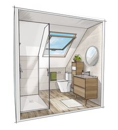 a drawing of a bathroom with a skylight above the toilet and shower stall area