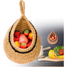 a straw bag filled with fruit sitting on top of a counter next to other fruits and vegetables