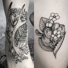 two tattoos on the legs of people with flowers and deer antlers in their stomachs