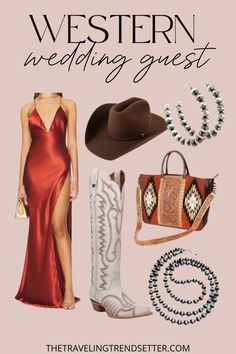 a woman in a red dress, cowboy hat and boots with the words western wedding guest