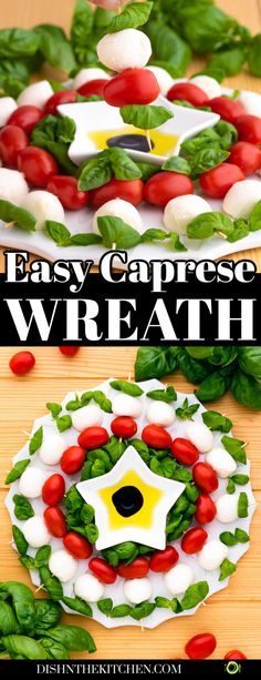 two plates that have food on them and the words easy capreso wreath above it