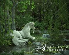 a white unicorn sitting in the middle of a forest next to a stream and trees