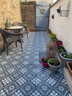 several potted plants are lined up on the side of a building near a table and chairs