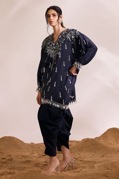 Navy short boxy kaftan with phoenix-inspired motifs, pearl-infused tassel embellishments. Comes with solid dhoti pant. - Aza Fashions Kaftan And Pants, Kaftan Set, Blue Kaftan, Kaftan Pattern, Sharara Gharara, Dhoti Pants, Nehru Jackets, Indian Couture, Short Suit