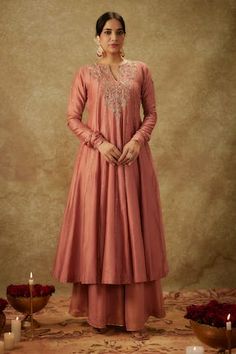 Blush pink kurta with floral zardozi embroidered neck and sleeve. Paired with kali pant and an organza dupatta. - Aza Fashions Pink Dori Work Kurta For Reception, Pink Kurta With Dori Work For Reception, Pink Long Sleeve Raw Silk Anarkali Set, Transitional Pink Anarkali Set With Dabka Work, Pink Kurta With Dori Work In Traditional Drape, Anarkali Style Pink Raw Silk Palazzo Set, Pink Dola Silk Anarkali Set For Transitional Season, Pink Anarkali Set With Dabka Work In Art Silk, Pink Art Silk Anarkali Set With Dabka Work