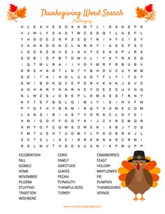 a thanksgiving word search with a turkey on it