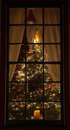 a lit christmas tree seen through a window