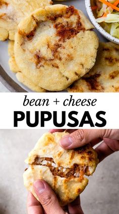 two pictures with different types of food and the words bean - cheese pupusas