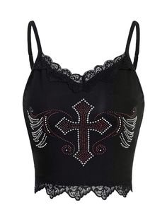 Temu Clothing, Crop Top Y2k, Spaghetti Strap Crop Top, Gothic Design, Black Camisole, Rhinestone Cross, Black Halloween, Cami Tanks, Cami Top