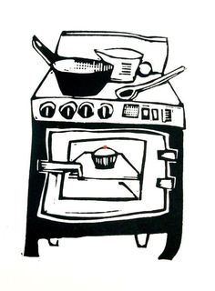 a black and white drawing of an oven with a pan on the burner next to it