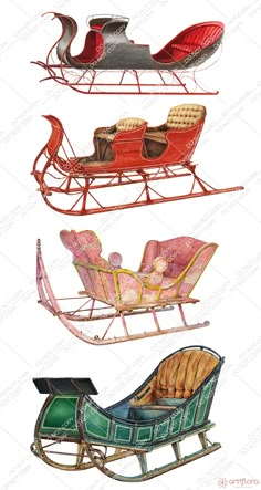 four different types of sleighs are shown in this drawing, one is red and the other is green