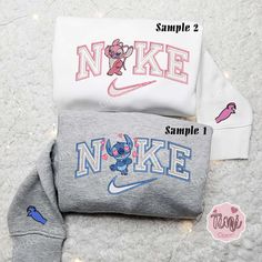 Stitch And Angel x Nike Couple Embroidered Shirt, Disney Characters Embroidered Hoodie, Valentine's Day Embroidered Sweatshirt Disney Cotton Sweatshirt With Embroidered Graphics, Disney Cotton Hoodie Sweatshirt, Disney Embroidered Long Sleeve Sweatshirt, Nike Custom Sweatshirts, Matching Hoodies For Couples Nike, Cute Couple Sweatshirts, Matching Disney Outfits, Nike Couple, Pull Nike