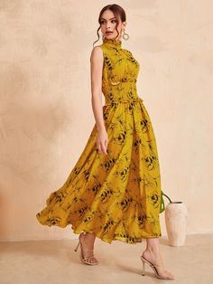 Multicolor Boho  Sleeveless Polyester Floral,All Over Print A Line Embellished Non-Stretch Summer Women Dresses Stylish Maxi Dress, Womens Floral Dress, Elegant Dresses Long, Women Long Dresses, Yellow Floral, Dress P, Fashion Online Shop, Floral Dress, Long Dress