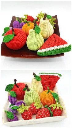 crocheted fruits and vegetables are displayed on a tray