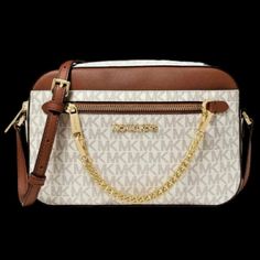 Nwt, Michael Kors Large Jet Set Logo Crossbody Bag In White With Brown Trim -Gold Hardware -Front Zip And Back Pocket -Removable Front Chain -9.5”W X 6.5”H X 2”D -Perfect Condition, Straps And Hardware Still Wrapped Michael Kors Crossbody Shoulder Bag In Coated Canvas, Michael Kors Crossbody Bag In Coated Canvas, Michael Kors Coated Canvas Shoulder Bag With Gold-tone Hardware, Michael Kors Coated Canvas Crossbody Shoulder Bag, Michael Kors Satchel With Leather Trim, Luxury Michael Kors Bags With Leather Trim, Michael Kors Beige Bags With Leather Trim, Michael Kors Coated Canvas Shoulder Bag With Leather Trim, Michael Kors Shoulder Bag With Leather Trim