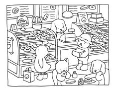 a black and white drawing of children shopping in a store with teddy bears on the shelves