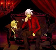 two anime characters sitting on a couch in front of a red curtain, one is talking on the phone