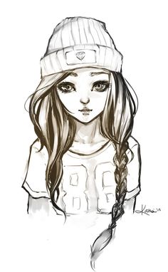 a drawing of a girl with long hair wearing a beanie and braids in her hair