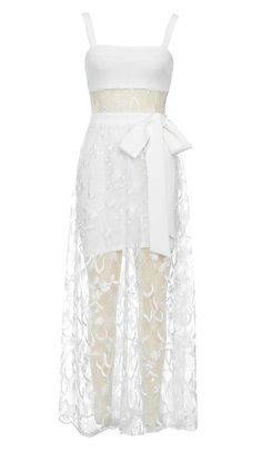 BOW-EMBELLISHED LACE MIDI DRESS IN WHITE Beautiful Lace Dresses, Bodycon Outfits, A Line Maxi Dress, Cami Maxi Dress, Lace Midi, Lace Midi Dress, Stretch Dress, White Maxi Dresses, A Princess