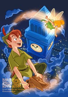 tinkerbell and peter pan in front of a clock tower with an angel above it