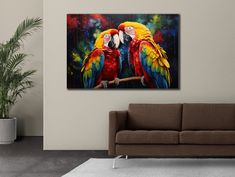 two colorful parrots are sitting on a branch