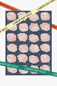 labor day sale poster with pink sheep on blue background and orange tape around it that says labor day sale