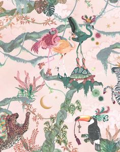 a pink wallpaper with birds, plants and other animals on the top of it