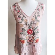 New With Tags! Adorable Pale Pink Tunic Length Tank Top Featuring Stunning Floral Embroidery. Fit Is Slightly Oversized & Tunic Length, So Size Down If Between Sizes. Summer V-neck Blouse With Floral Embroidery, V-neck Tops With Floral Embroidery For Vacation, Sleeveless Floral Embroidery Vacation Blouse, Sleeveless Spring Embroidered Top With Floral Embroidery, Bohemian Sleeveless Top With Floral Embroidery, Sleeveless Embroidered Floral Top For Spring, Sleeveless Embroidered Top With Floral Design For Spring, Casual Pink V-neck Embroidered Top, Bohemian Tank Top With Floral Embroidery For Spring