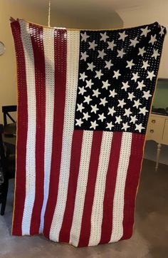 Hand crochet 6ft x 3ft true replica of American flag as a blanket!  Complete with 13 stripes, and 50 stars! This one of a kind blanket is sure to be loved, and keep you warm. American Flag Crochet Blanket, American Flag Crochet, To Be Loved, Crochet Art, A Blanket, Hand Crochet, Gift Baskets, Fiber Art, American Flag