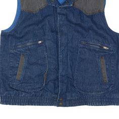 Item is in good used condition. >Size: L >Armpit To Armpit: 24" >Armpit To Cuff: N/A" >Collar To Hem: 26" Blue Cotton Denim Vest For Streetwear, Blue Denim Vest For Winter Streetwear, Retro Blue Denim Vest With Pockets, Blue Denim Jeans For Outdoor, Outdoor Blue Denim Jeans, Fitted Blue Denim Vest For Streetwear, Blue Recycled Denim Vest With Pockets, Blue Denim Vest With Pockets In Recycled Material, Vintage Blue Denim Jacket For Outdoor