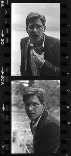 two black and white photos of men in suits, one with glasses on his head