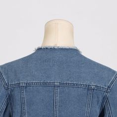 This mid-blue denim jacket captivates with its cropped fit, round shape sleeves, front snap buttons, raw hem and round neckline.Size Chart（CM）: Blue Cotton Denim Jacket With Frayed Hem, Cropped Blue Denim Jacket With Frayed Hem, Blue Cropped Denim Jacket, Cropped Denim Blue Jacket With Buttons, Blue Cropped Outerwear With Frayed Hem, Blue Fitted Cropped Denim Jacket, Blue Cropped Cotton Denim Jacket, Button-up Denim Cropped Jacket, Luxury Fitted Cropped Denim Jacket