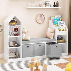 a child's room with toys and bookshelves