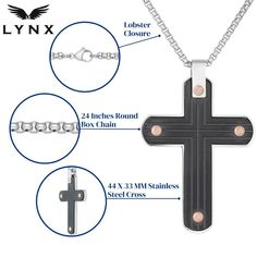 This men's stainless steel cross pendant offers a handsome way to showcase your faith. NECKLACE DETAILS Pendant dimensions: 1.93" x 1.22" Chain length: 24" Metal: stainless steel Plating: black & rose ion Clasp: lobster-claw Packaging: boxed Color: Multicolor. Gender: male. Age Group: adult. Father's Day Stainless Steel Cross Necklace, Stainless Steel Cross Pendant, Faith Necklace, Steel Cross, Round Box, Lynx, Box Chain, Black Rose, Lobster Claw