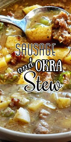 sausage and okra stew in a white bowl with a spoon on the side text reads sausage and okra stew