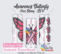 two pink and white candles with the words awareness butterfly on them, in front of an image