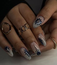 Trendy Blue Nails, Porcelain Print, Custom Press On Nails, Nagel Tips, Smink Inspiration, Minimalist Nails, Fire Nails, Painted Porcelain, Funky Nails