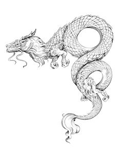 a black and white drawing of a dragon with its tail curled in the shape of a snake