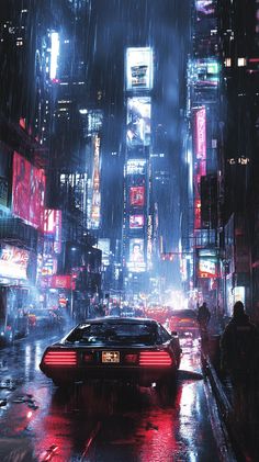 a car driving down a city street at night in the rain with neon lights on buildings