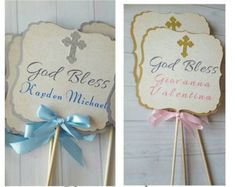 three different signs with bows on them and ribbons around the top one is for god's blessing