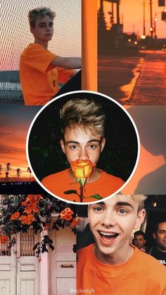 the collage shows two men with orange shirts and one has a rose in his mouth