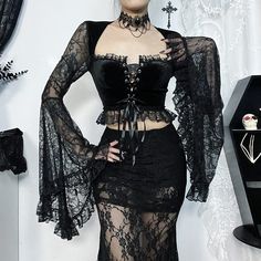 Material: Polyester; Spandex 
Weight: 0.15KG 
Size: S-XL 
SKU:?SH61128 Lace Up Crop Top, Gothic Lace, Long Sleeved Shirt, Lace Patchwork, Velvet Lace, Black Crop Tops, Corset Top, Sizing Chart, Skirt Pants