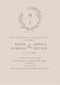 the wedding card is shown with an elegant wreath and initials in black ink on beige paper