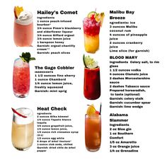 the cocktail menu is filled with different types of drinks and ingredients to make it look like they